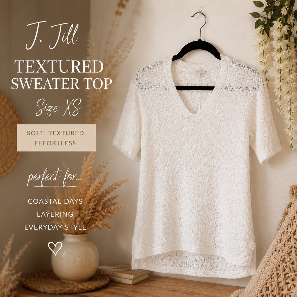 J. Jill Sweater TopXS White Texture VNeck Coastal Granda Minimalist Cottage